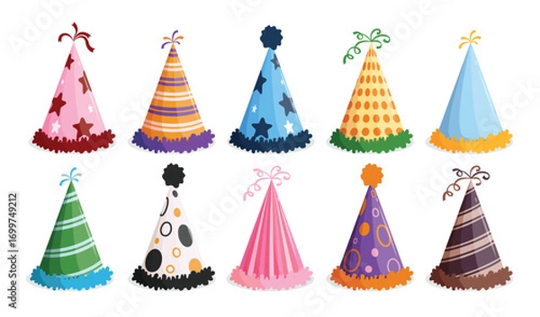 Fototapeta Party hat elements clipart set. Birthday colorful party hat drawing clip art cone collection with pattern design for birthday, carnival and Christmas decoration element vector illustration.
