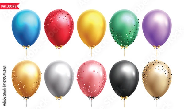Fototapeta Balloons elegant clipart set. Colorful floating elegant balloons with glitters, glossy, rubber and shiny clip art collection for kids birthday party, wedding and anniversary decoration elements vector