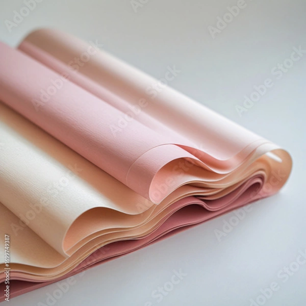 Fototapeta Minimalist Close-Up Photography of Pink and Beige Paper Stack with Gentle Wavy Folds and Smooth Textured Surface on Clean White Background