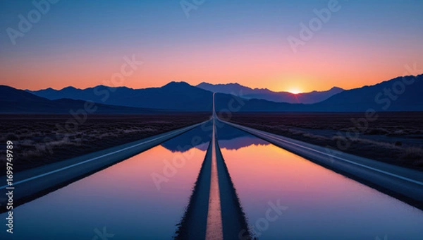 Fototapeta Tranquil Scenic View of Sunset Mountains and Long Road Reflected in Still Water, Vibrant Gradient Sky with Orange, Pink and Blue Colors