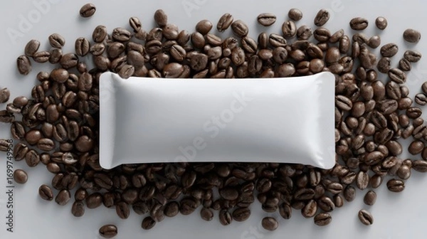 Fototapeta A minimalist arrangement of a white pillow atop a bed of rich, dark coffee beans.