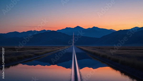 Fototapeta Tranquil Scenic View of Sunset Mountains and Long Road Reflected in Still Water, Vibrant Gradient Sky with Orange, Pink and Blue Colors