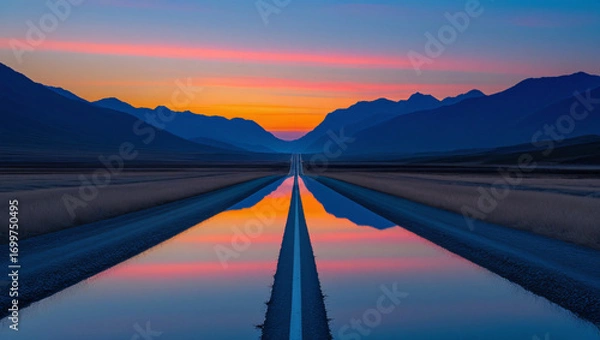 Fototapeta Serene Sunset Landscape with Straight Road Leading to Mountain Range and Perfect Reflection in Calm Water, Peaceful Symmetrical Nature Scene