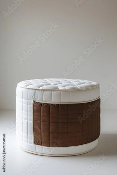 Fototapeta High Resolution Modern Mattress Photography with Cylindrical Shape, Soft Quilted White Fabric and Brown Accent End Piece on Plain Background