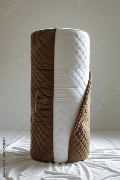 Fototapeta High Resolution Modern Mattress Photography with Cylindrical Shape, Soft Quilted White Fabric and Brown Accent End Piece on Plain Background