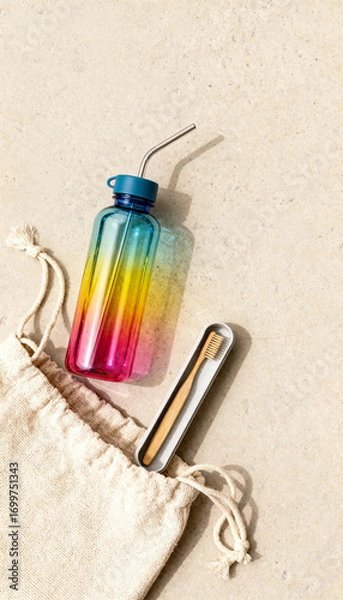 Fototapeta Eco-Friendly Essentials: A colorful water bottle with reusable metal straw, sustainable wooden toothbrush, and a linen pouch on a sandy surface.