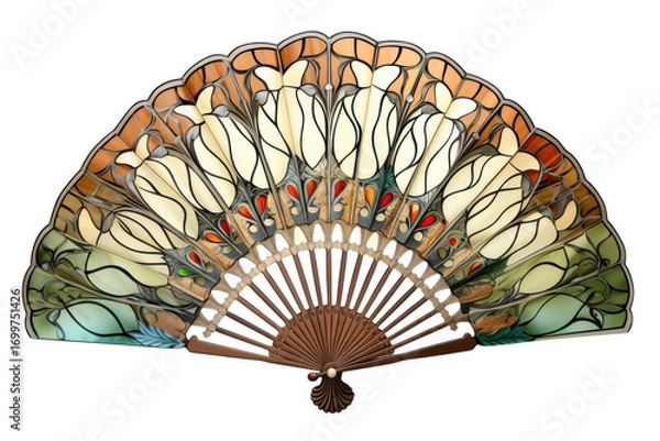 Fototapeta Decorative stained glass fan with floral art nouveau style