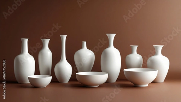 Fototapeta Contemporary Still Life of White Ceramic Tableware, Smooth Matte Surface Vases and Bowls with Soft Lighting and Clean Modern Aesthetic