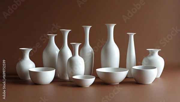 Fototapeta Minimalist Modern Still Life Photography of White Ceramic Vases and Bowls on Golden Brown Maroon Background with Balanced Symmetry and Elegant Simplicity