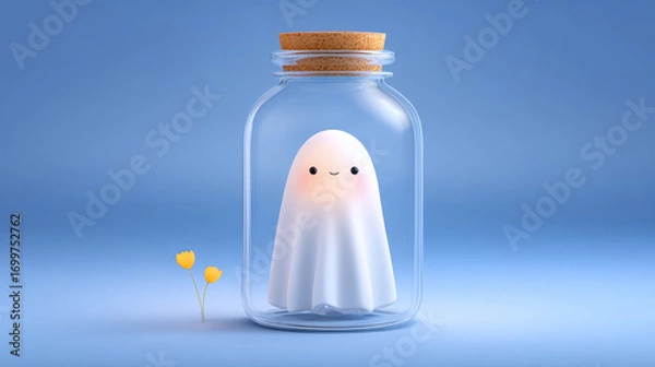 Obraz Halloween ghost, Cute ghost in a jar with a cheerful expression and flowers beside it.