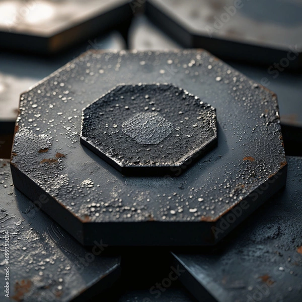 Fototapeta Macro Photography of Hexagonal Steel Plate Featuring Central Hexagon and Weathered Matte Surface with Grainy Rust Texture for Industrial Design
