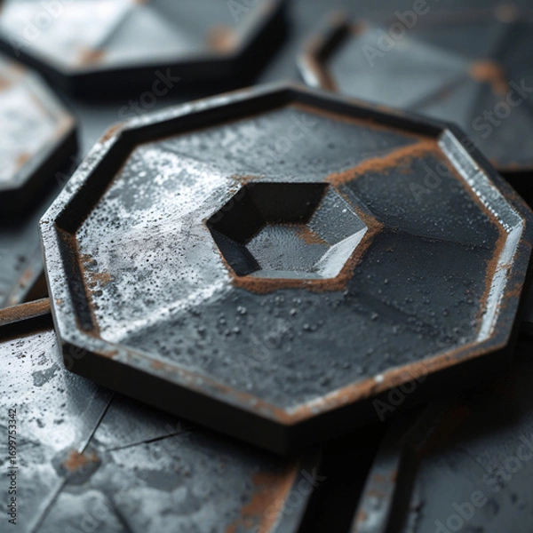 Fototapeta Extreme Close-Up of Dark Hexagonal Metal Plate with Rusty Rough Texture and Symmetrical Geometric Pattern, High Detail Industrial Background