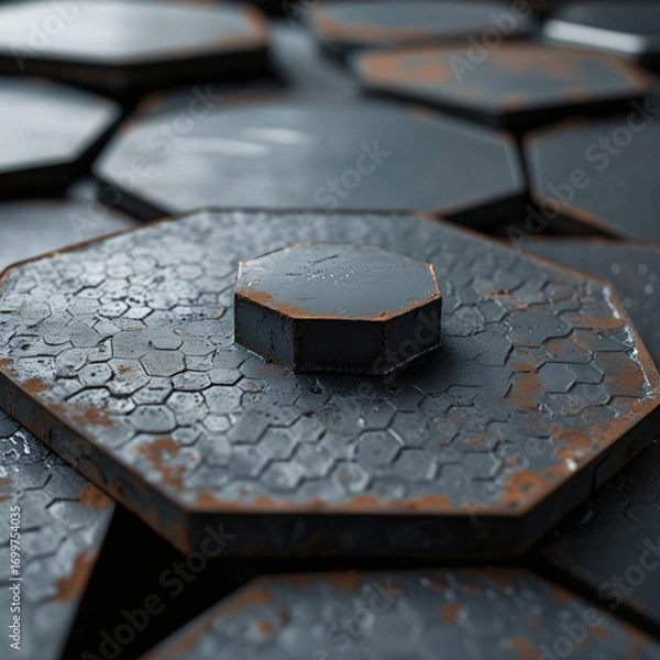 Fototapeta Extreme Close-Up of Dark Hexagonal Metal Plate with Rusty Rough Texture and Symmetrical Geometric Pattern, High Detail Industrial Background