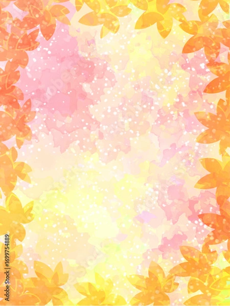 Obraz 秋の紅葉のイメージの背景素材。水彩風テクスチャー。紅葉の葉っぱのシルエット。鮮やかな黄色やオレンジの色調。かわいい背景色。ふんわりした光の輝き。コピースペース。たて長構図