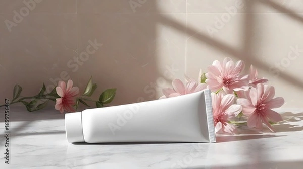 Fototapeta Elegant white tube placed on marble with soft pink flowers in natural light, creating a calm and serene ambiance.