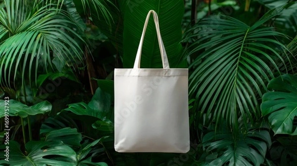 Fototapeta Blank canvas tote bag suspended amidst lush green foliage, perfect for eco-friendly branding.