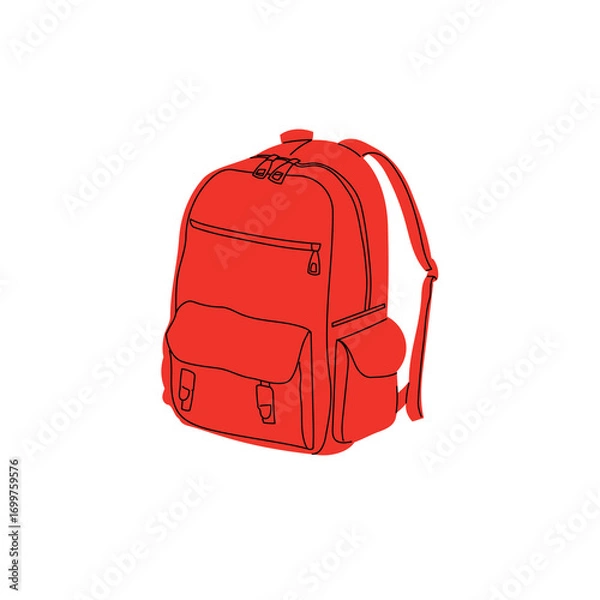 Obraz School red backpack in flat modern design with outlines. Hand drawn schoolbag for kids materials, back to school visuals, education prints. Vector illustration.