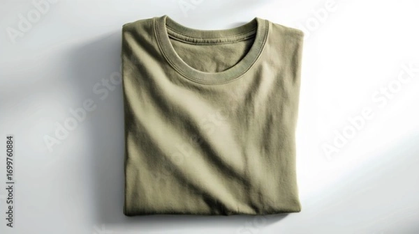 Fototapeta Folded olive green t-shirt on a white background, showcasing its soft fabric and minimalist design.