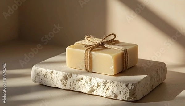 Fototapeta Natural Soap Bar Wrapped With Twine on Stone Surface