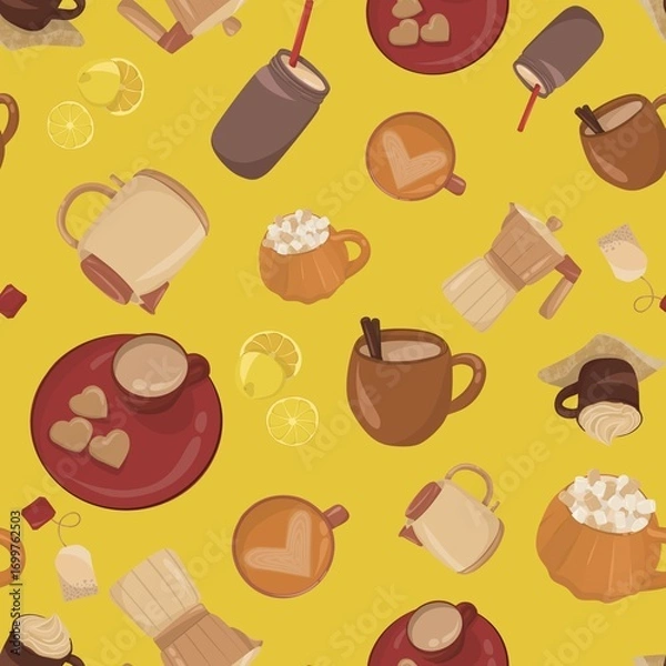 Fototapeta Cozy Autumn Tea and Coffee Seamless Pattern with Cups, Teapots and Sweets. Warm autumn seamless pattern featuring tea, coffee, mugs, teapots, lemons, and sweet treats on a yellow background.