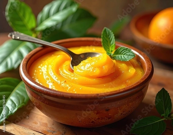 Obraz A close-up view of a bowl of vibrant orange pur?e, garnished with fresh mint leaves, resting on a wooden surface.