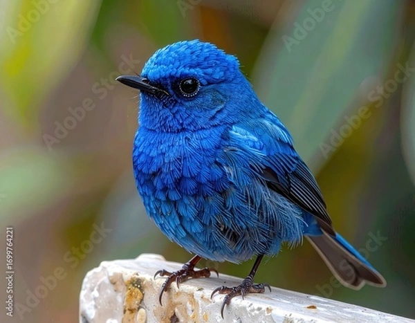 Obraz Close-up of a vibrant blue bird perched on a stone ledge, showcasing intricate feather details against a blurred natural backdrop.