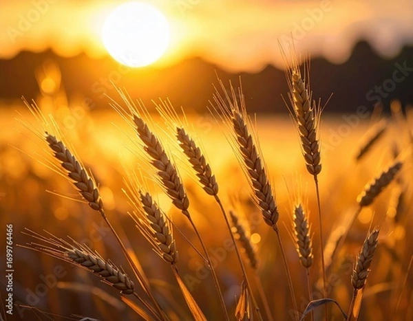 Obraz Golden wheat heads bathed in the warm glow of a setting sun, showcasing a serene and beautiful rural landscape.