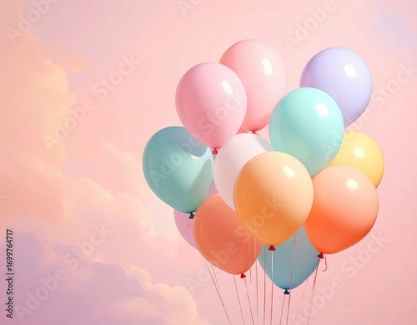 Obraz A cluster of pastel-colored balloons floats against a soft, rosy sky, evoking a cheerful and celebratory mood.