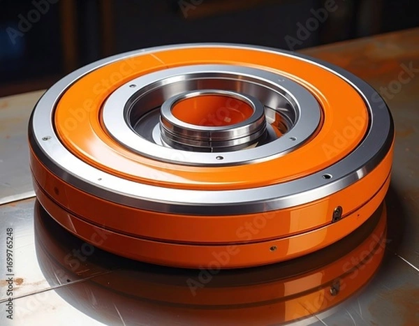 Obraz A circular, metallic, and brightly orange industrial component, showcasing intricate concentric rings and reflective surfaces.