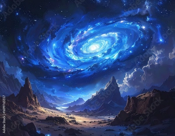 Obraz A vast, swirling galaxy hangs above a desolate, mountainous landscape, bathed in vibrant blues and silvers, creating a breathtaking, otherworldly scene.