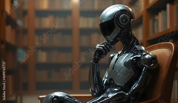 Obraz An advanced robot in a thinker pose within a classic library, featuring metallic silver and warm brown wood tones, a 4K ultra-detailed image symbolizing the evolution of AI.