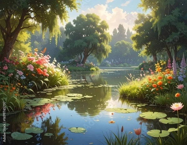 Obraz A serene lake scene in a lush, vibrant garden, bathed in warm sunlight, displaying a tranquil and beautiful mood.