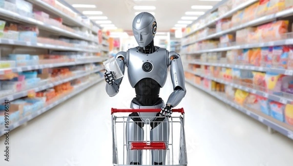 Obraz The concept of AI in retail, a silver and black cyborg autonomously shops for food in a brightly lit grocery store, a cinematic and 4K ultra-detailed render of future technology.