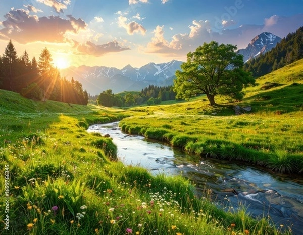 Obraz A serene valley scene at sunset, showcasing a crystal-clear stream winding through lush green meadows and towering mountains.