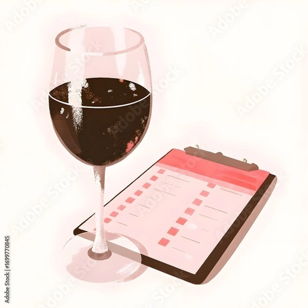 Fototapeta Minimalist Wine Glass with Checklist – Soft Pastel Illustration for Planning and Relaxation Concepts