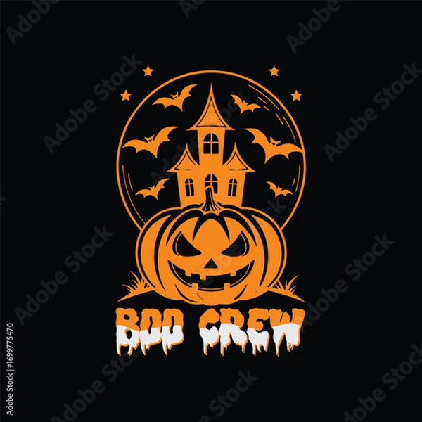 Fototapeta Halloween Spooky Nights Scary Delights Pumpkin Design with Haunted House and Bats
