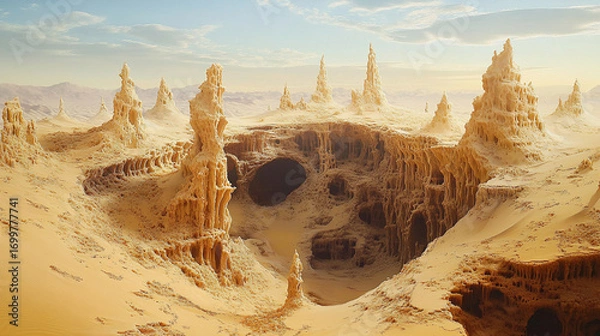 Fototapeta Desert landscape with tall sandstone formations and caves a dramatic scene of erosion