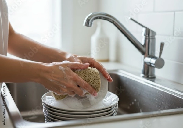 Obraz A woman washes dishes with soap and water in a kitchen sink. A housewife doing a daily chore and a household routine for a banner poster. Household chores and dishwashing concept.	
