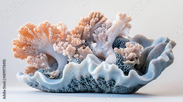 Fototapeta Delicate coral sculpture in a shell resting on a white background