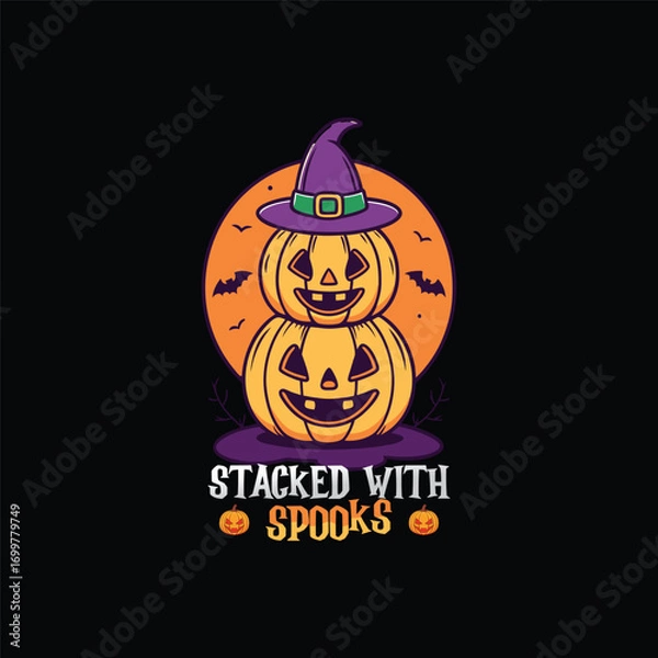 Obraz Halloween Spooky Nights Scary Delights Pumpkin Design with Haunted House and Bats
