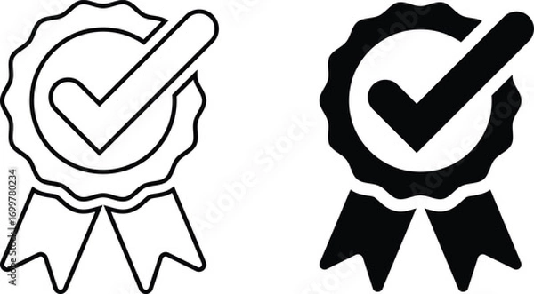 Obraz Vector Icon Set of Approved Quality and Guarantee Badges. Checkmark on Rosette and Ribbons in Black and White