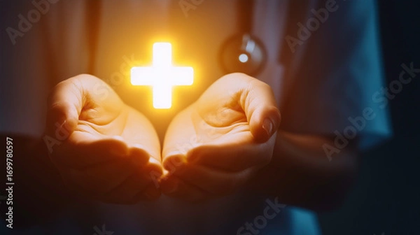 Fototapeta Healing Hands With A Medical Symbol Set In A Bright Neon Glow That Inspires Hope And Care