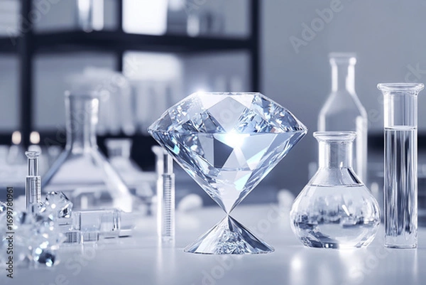Fototapeta Sparkling diamond in a lab setting surrounded by glassware and lab equipment