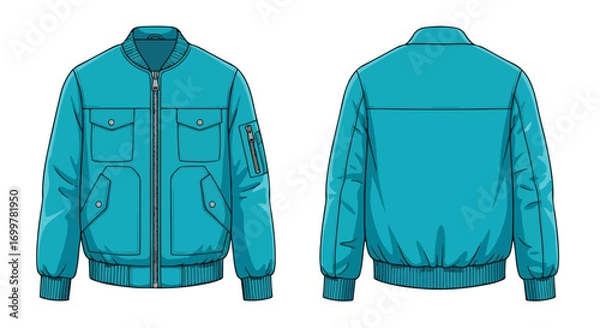 Fototapeta Detailed vector illustration showcasing a teal blue bomber jacket with front and back views ideal for fashion design reference