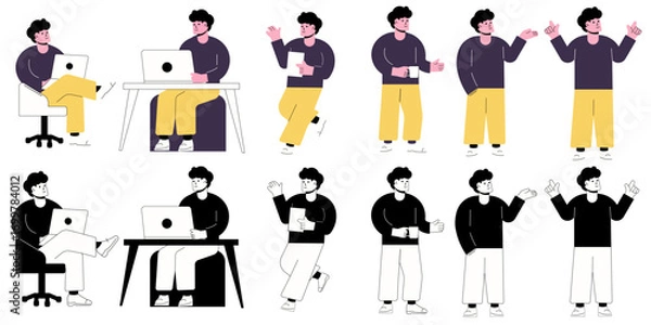 Fototapeta Man in Digital World: This illustration captures a set of diverse poses of a man engaged in various digital activities, from working on a laptop to presenting a concept.