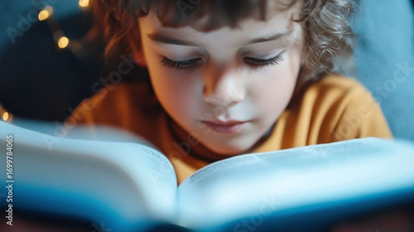 Fototapeta A child fully engrossed in reading a captivating book comfortably at home, enjoying every moment