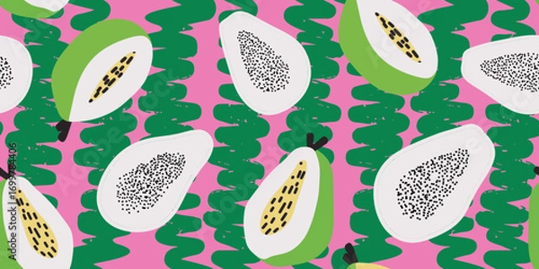 Fototapeta Papaya Fruit Slices on Pink with Green Strokes Pattern