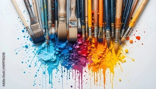 Fototapeta Composition of Painting Brushes – Artistic Tools Arranged on White Background with Copy Space for Creative and Design Projects