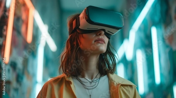 Obraz Girl with virtual glasses to see the metaverse, digital space, turquoise cinema tones