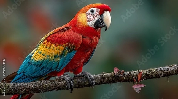 Fototapeta Scarlet macaw perched on a branch in the rainforest, looking to the left